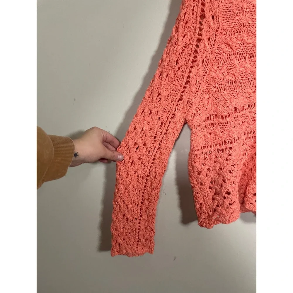 Free People Coral Open Crochet Scoop Pullover